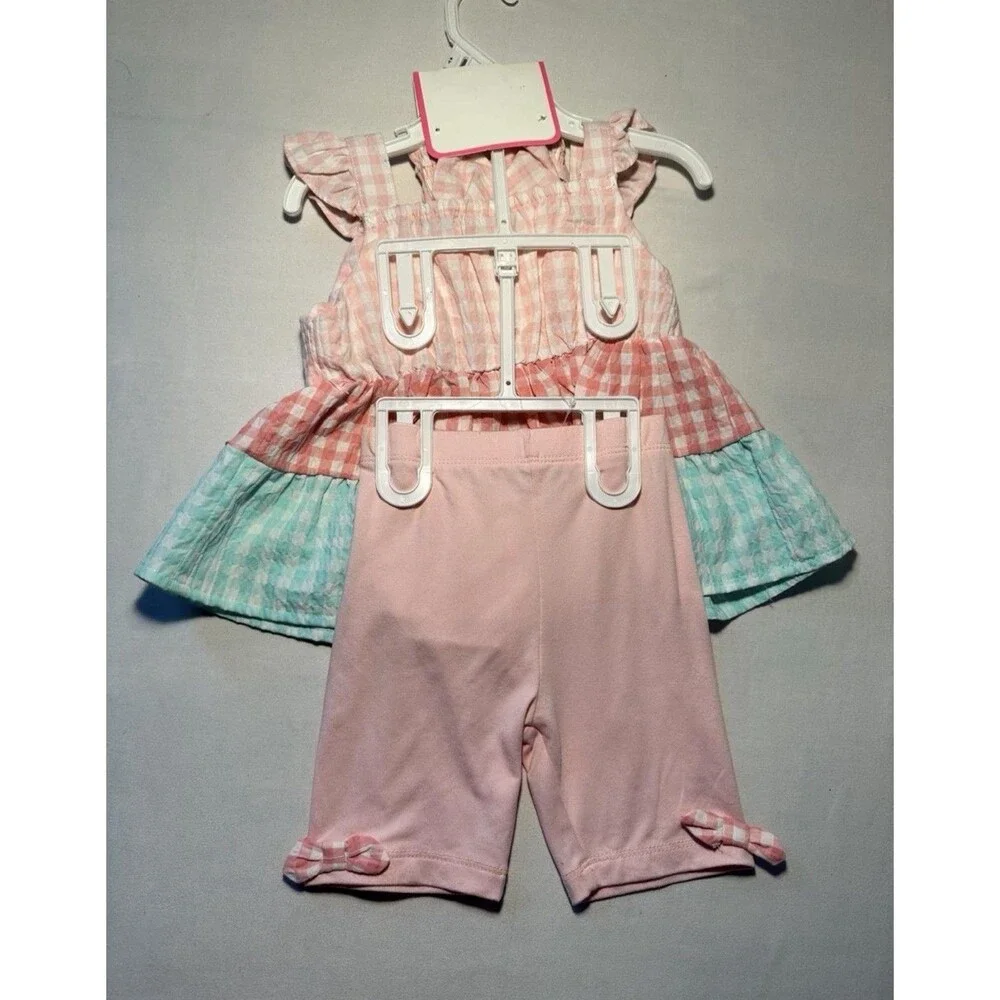 Little Lass 3pc Girls Outfit Set 4T Pink/Blue Gingham Cotton Top Pants Headband